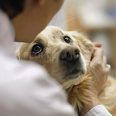 Buy stock photo Dog, veterinary and consultation care for animal support or pet healthcare for checkup, insurance or helping. Golden Retriever, patient and person with comfort or examination trust, service or career