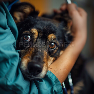 Buy stock photo Dog, person and comfort hug or animal anxiety in thunderstorm or scared, loud and stress. Pet, support and love in arms for worry in home or resting together for peaceful sympathy, calm or nervous