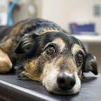 Vet, face and dog on table for hospital consultation, medical attention and pet care with insurance. Animal, checkup and calm puppy at veterinary clinic for help, health and wellness at appointment