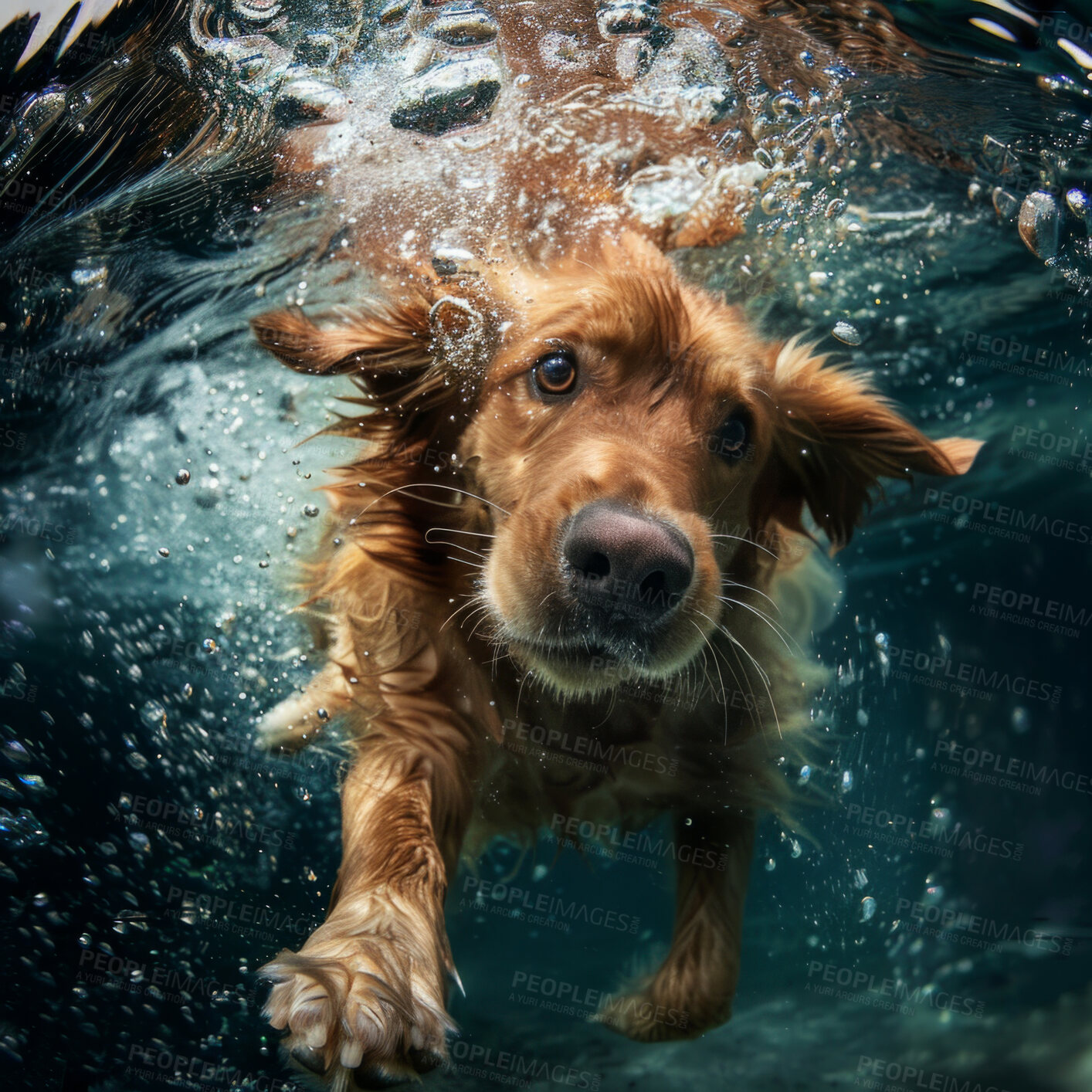 Buy stock photo Dog, underwater and swimming as animal exercise or physical activity or mobility, learn or fun. Golden retriever, water and stroke or summer workout in pool or recreation, pain relief or joint health