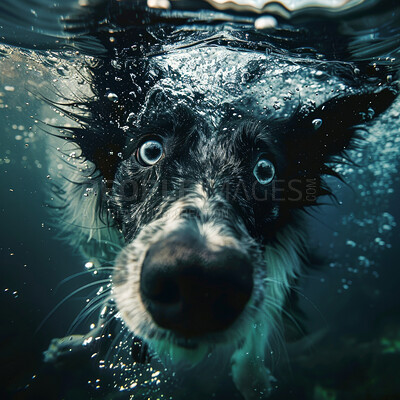 Buy stock photo Dog, face and portrait with water for funny dive, cute or adorable fluffy or furry friends in nature. Closeup of animal, breed or canine looking and swimming with puppy eyes under ocean, sea or beach