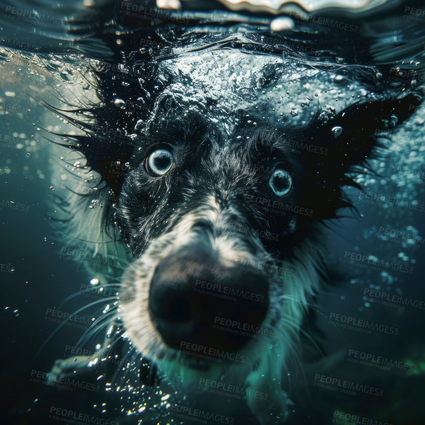 Buy stock photo Dog, face and portrait with water for funny dive, cute or adorable fluffy or furry friends in nature. Closeup of animal, breed or canine looking and swimming with puppy eyes under ocean, sea or beach