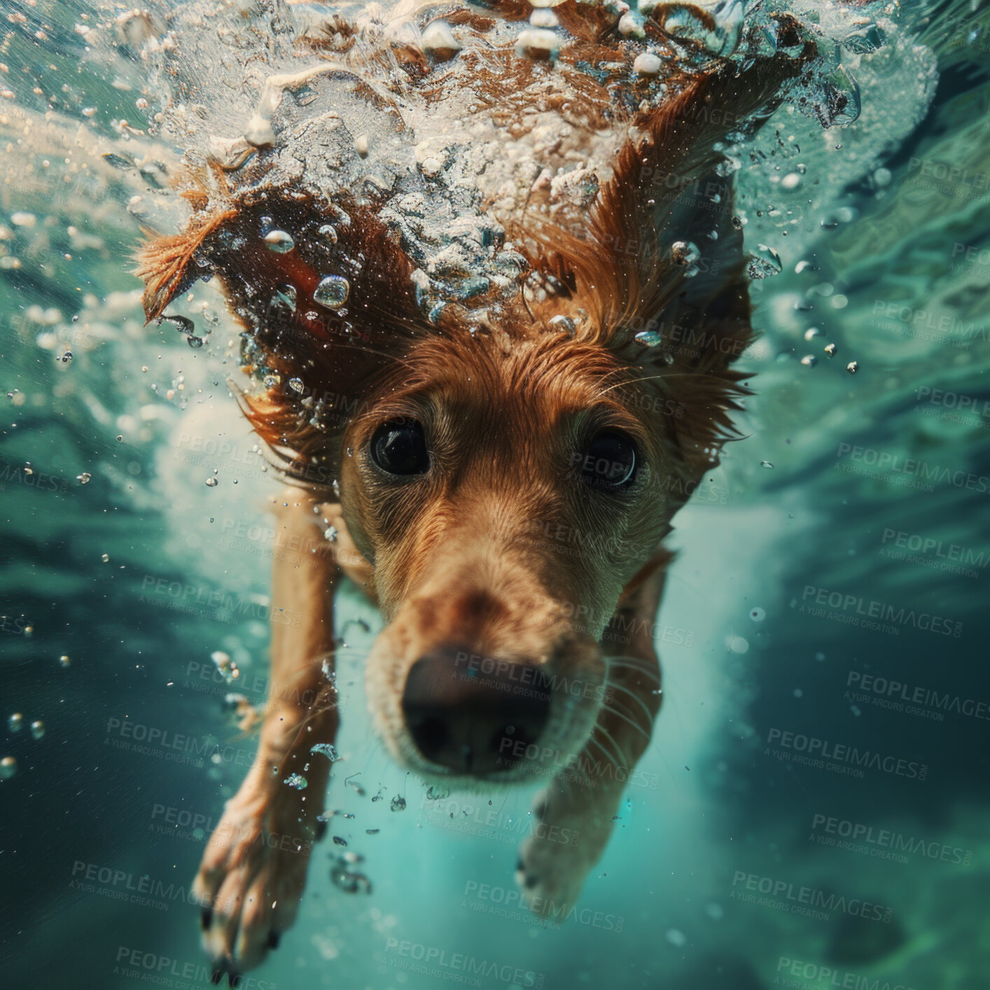 Buy stock photo Portrait, dog and under water for swimming as hobby or animal exercise, wellness and training. Face, puppy and pool for recreation or health routine for safety, fun and enjoy as physical activity