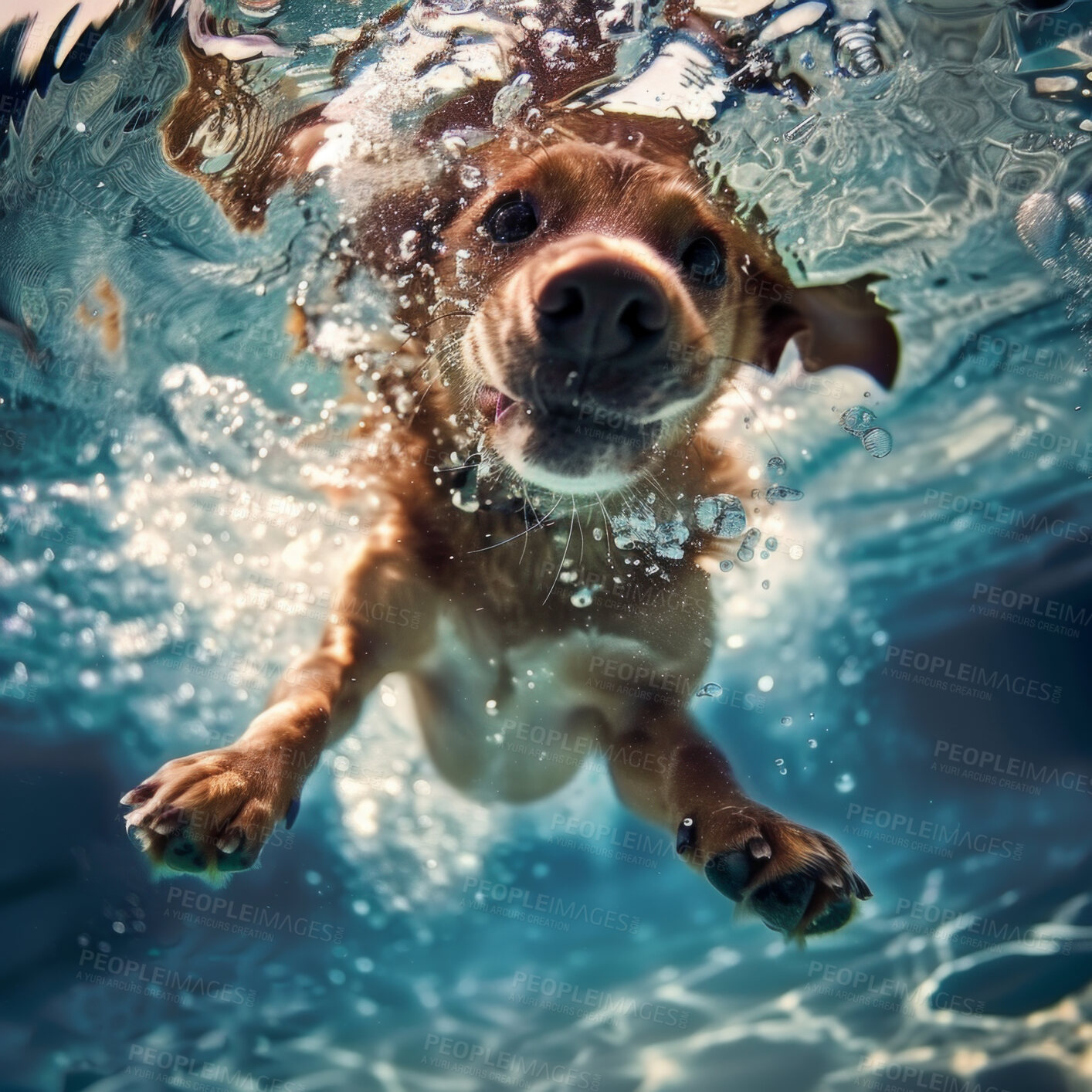 Buy stock photo Portrait, puppy and under water for swimming as hobby or animal exercise, wellness and training. Face, dog and pool for recreation or health routine for safety, fun and enjoy as physical activity