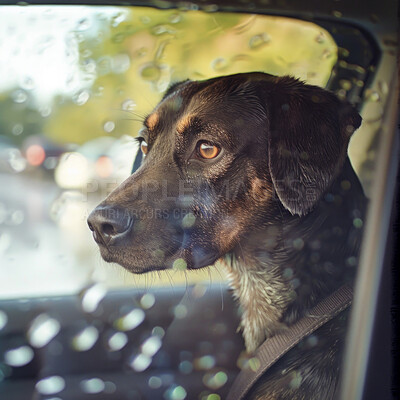 Buy stock photo Travel, rain or dog in car on holiday vacation or trip with a sad smaland hound or depressed animal in winter. Wet window, unhappy pet or puppy waiting alone in motor vehicle or transport in Canada