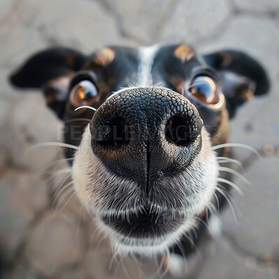 Buy stock photo Closeup, portrait and dog with nose, love and adopted with fun and funny with game and playful. Face, snout and pet with animal and best friend with comic and joke with happiness and emoji with joy