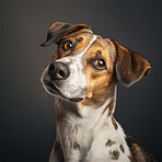 Dog, face and portrait with pet of companion or jack Russell with fur on a gray studio background. Closeup of animal avatar, breed or canine looking with cute or adorable puppy eyes on mockup space