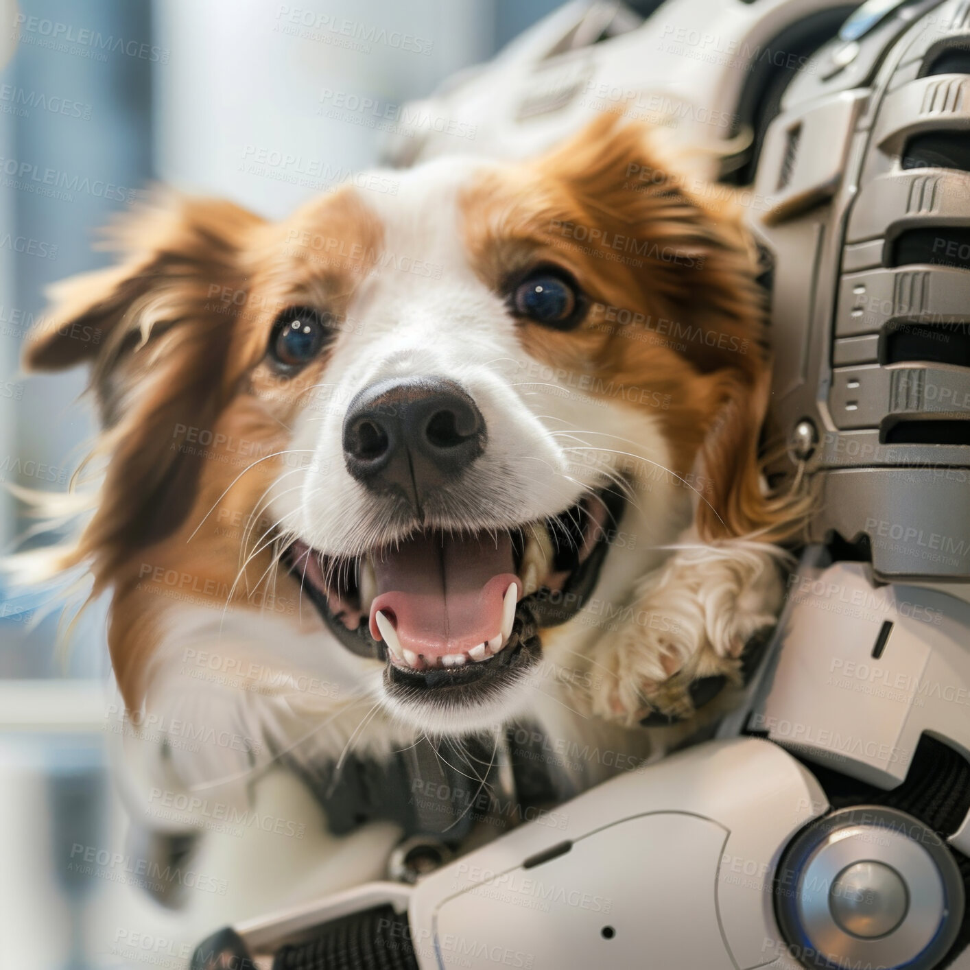 Buy stock photo Portrait, future and dog smile with pet, animal and healthy  or happy domestic support with puppy. Scifi, cyborg with calm companion in home for comfort, protection or technology or cyber robot.