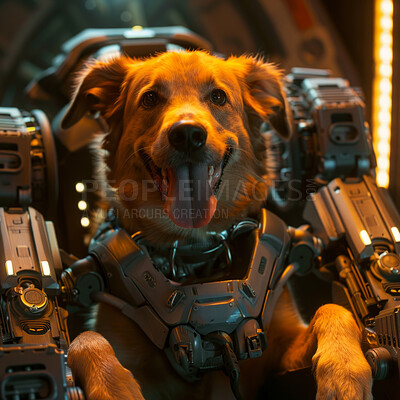 Buy stock photo Robot, dog and astronaut with futuristic, pet space travel for online video game character. Technology, animal and smile with armor for creative sci fi fantasy journey at night in dystopian city 