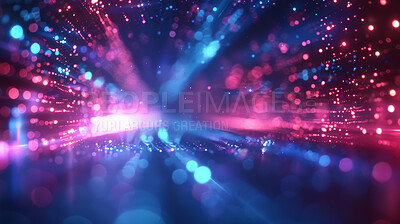 Buy stock photo Abstract, bokeh or wark in blur, speed or future of neon, travel or particle of cyberpunk wallpaper. Spots, lines or pattern of light, energy or burst as science fiction, cyberspace or digital night