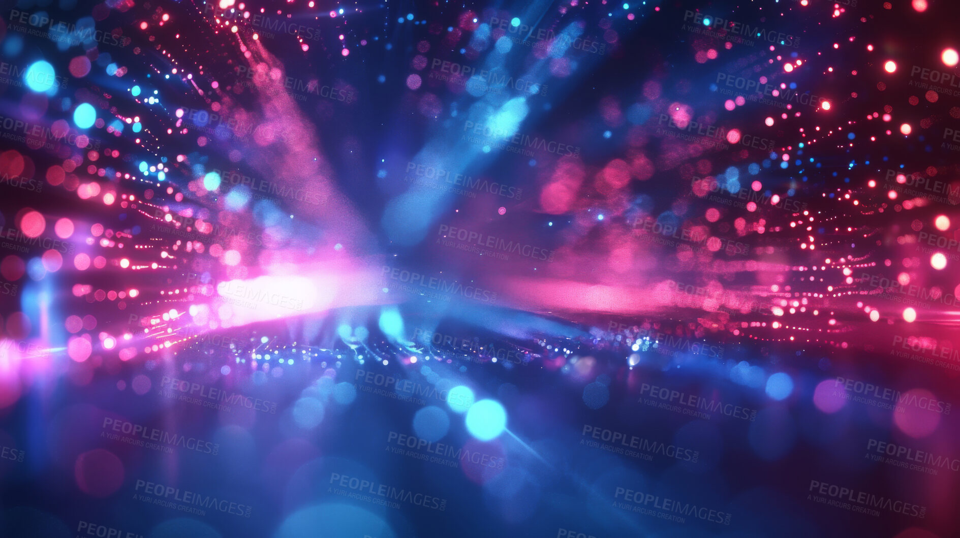 Buy stock photo Abstract, bokeh or wark in blur, speed or future of neon, travel or particle of cyberpunk wallpaper. Spots, lines or pattern of light, energy or burst as science fiction, cyberspace or digital night