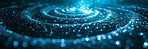 Spiral, wave and cyber connection with pattern, texture and digital matrix with bokeh on abstract network of dots. Blue light, future technology and system information in particles on dark background