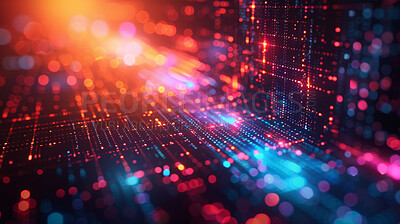 Buy stock photo 3d, abstract or art of bokeh, lights or wallpaper as particles, flare or graphic of future aesthetic. Blue, red or dot in pattern, line or energy as star, science fiction or burst on night cyberspace