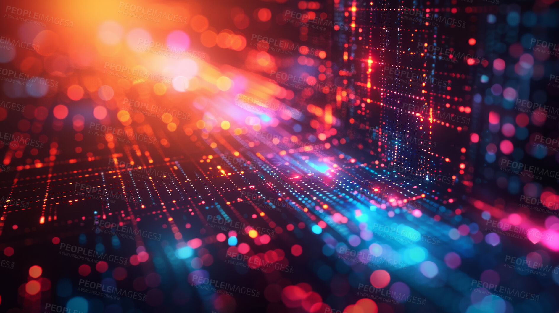 Buy stock photo 3d, abstract or art of bokeh, lights or wallpaper as particles, flare or graphic of future aesthetic. Blue, red or dot in pattern, line or energy as star, science fiction or burst on night cyberspace