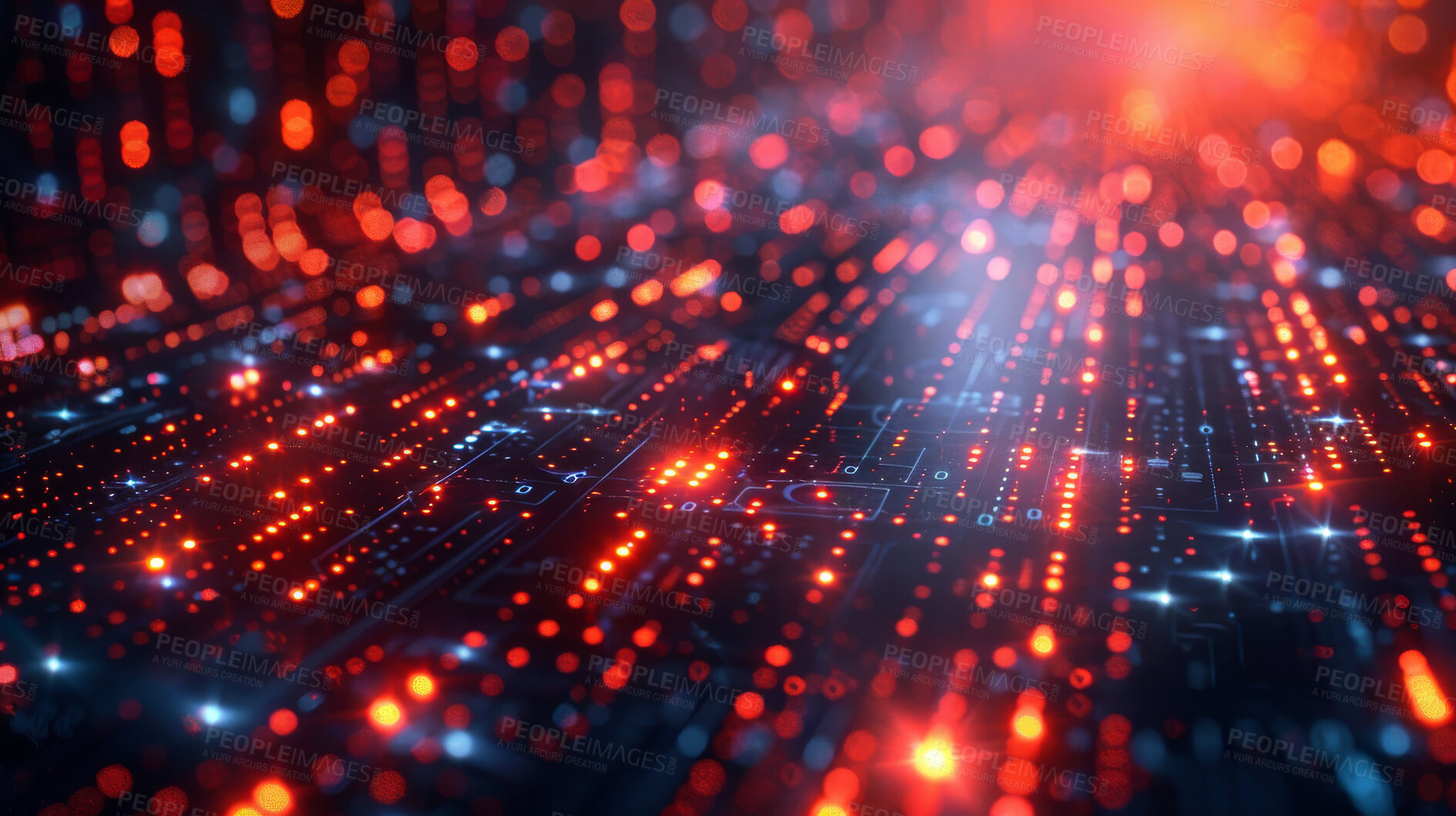 Buy stock photo 3d, abstract or art of bokeh, grid or futuristic, space or tunnel as cybersecurity wallpaper cpu. Red, dots or lights as stars, energy or stream of particle, data storage as creative gaming aesthetic