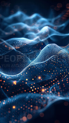 Buy stock photo Background, cloud computing and networking with blue pattern in dark for cybersecurity, database or information technology. Code, digital and wallpaper with wave dots for communication or connection