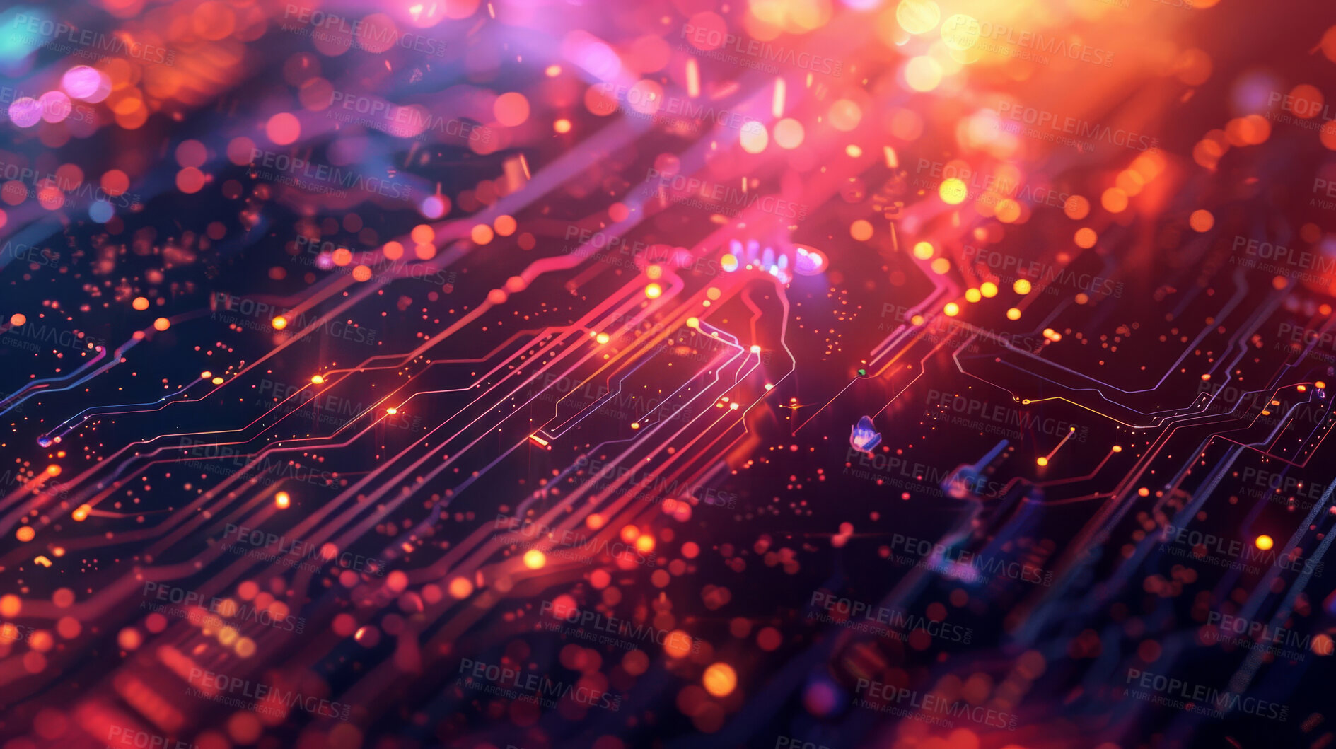 Buy stock photo Background, abstract and circuit motherboard or current with bokeh, futuristic or technology. Patterns, hardware and connectivity with electric lights for programming software, wallpaper or digital