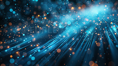 Buy stock photo Background, abstract and fiber optic technology with light for electric current, stream or bokeh. Digital, wallpaper and signal connectivity with patterns or cables or software circuit, speed or data