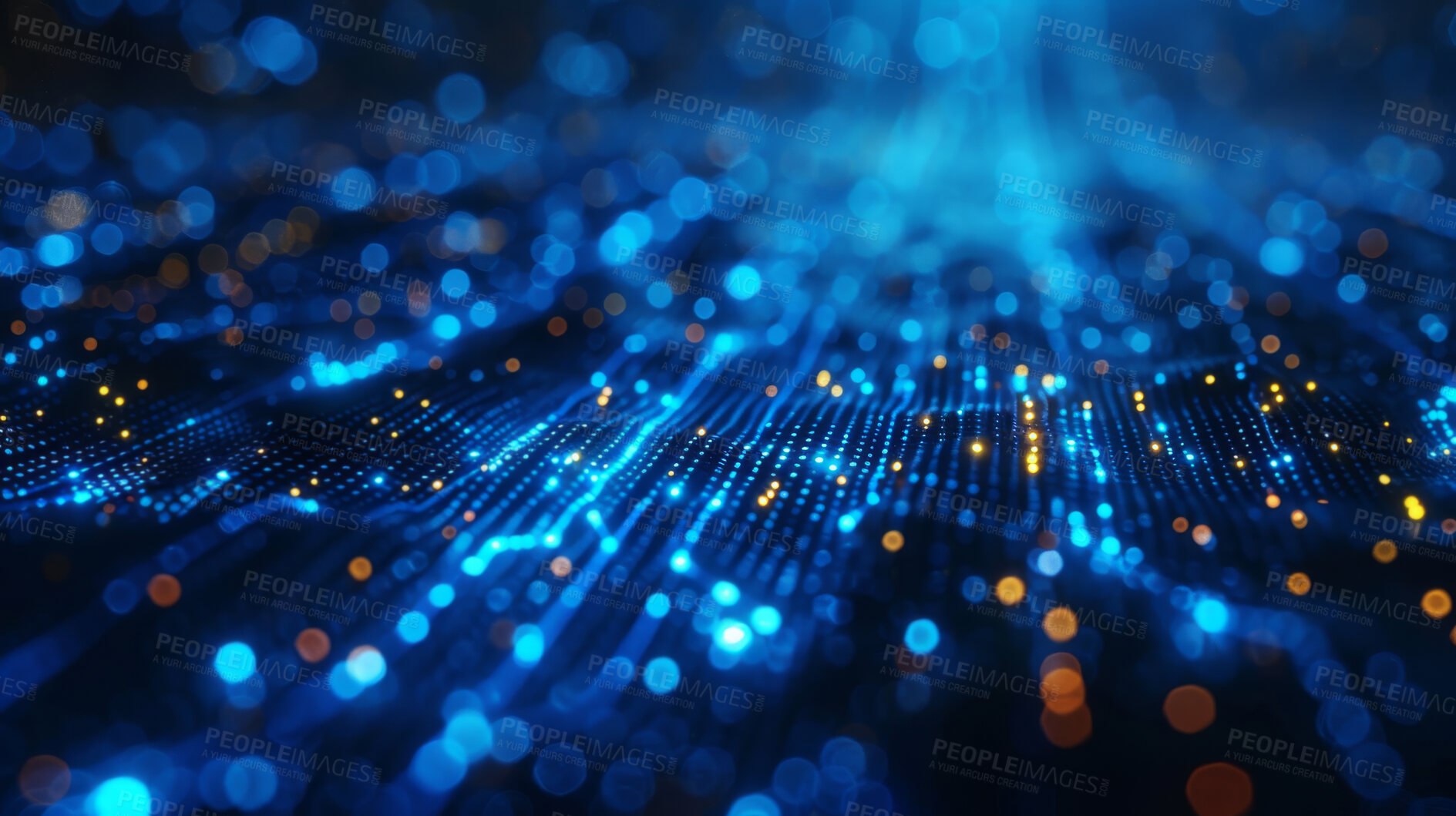 Buy stock photo Grid, lines and cyber network with pattern, texture and digital matrix with connection on abstract sound wave. Neon light, future technology and system information with particles on dark background
