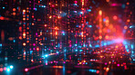 Grid, network and cyber connection with path, texture and pattern with frame on digital abstract matrix. Neon light, future technology and system information with particles on dark cyberspace portal