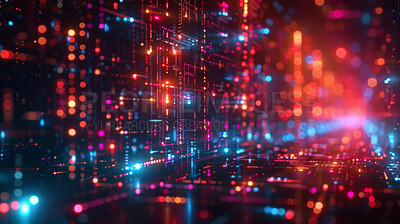 Buy stock photo Grid, network and cyber connection with path, texture and pattern with frame on digital abstract matrix. Neon light, future technology and system information with particles on dark cyberspace portal