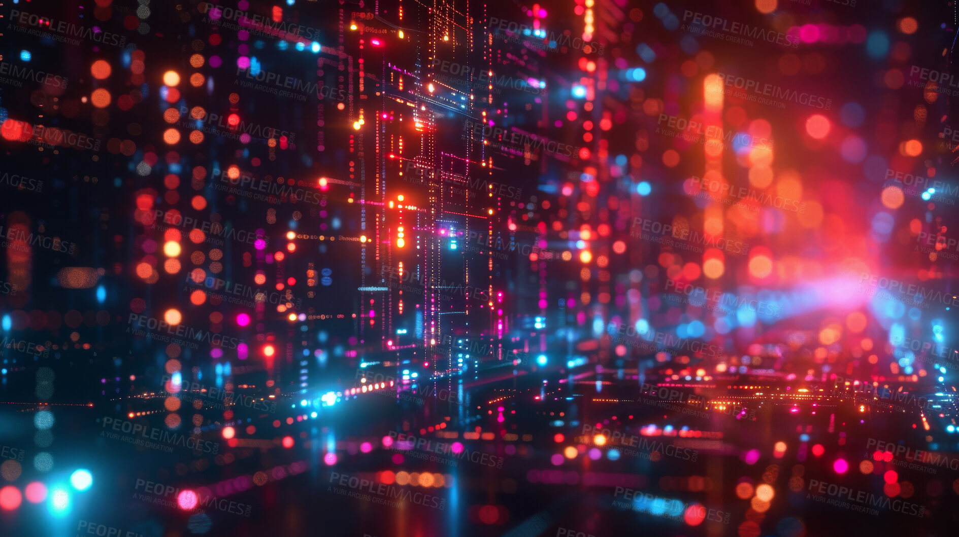 Buy stock photo Grid, network and cyber connection with path, texture and pattern with frame on digital abstract matrix. Neon light, future technology and system information with particles on dark cyberspace portal