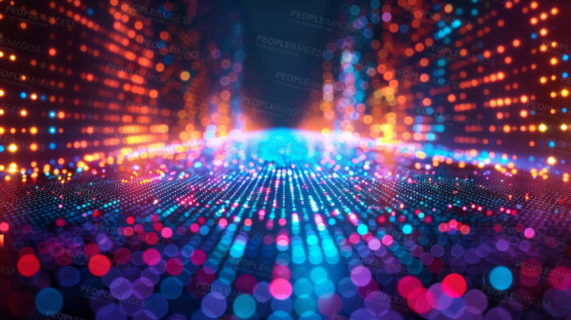 Buy stock photo Abstract, cyber network and information highway with pattern, texture and digital matrix with bokeh. Neon light, future technology and system connection with particles on dark path in virtual reality