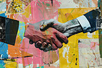 Handshake, business and collage art made of paper for agreement, deal and magazine advertising. Colourful, vibrant pop and creative graphic design poster for background, wallpaper and backdrop mockup