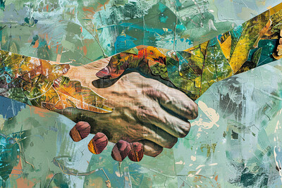 Handshake, business and collage art made of paper for agreement, deal and magazine advertising. Colourful, vibrant pop and creative graphic design poster for background, wallpaper and backdrop mockup