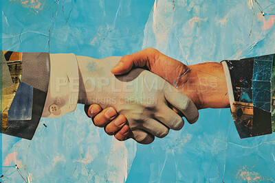 Handshake, business and collage art made of paper for agreement, deal and magazine advertising. Colourful, vibrant pop and creative graphic design poster for background, wallpaper and backdrop mockup