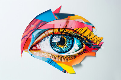 Eye, collage art and paper craft artwork for security, spyware and magazine advertising. Colourful, vibrant pop and creative graphic design poster for background, wallpaper and backdrop mockup