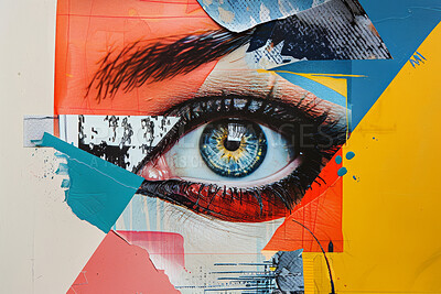 Eye, collage art and paper craft artwork for security, spyware and magazine advertising. Colourful, vibrant pop and creative graphic design poster for background, wallpaper and backdrop mockup