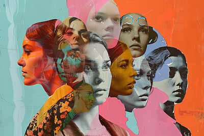 Woman, collage art and creative face made of paper for women\'s rights, feminism or advertising. Colourful, vibrant pop and creative graphic design poster for background, wallpaper and backdrop mockup