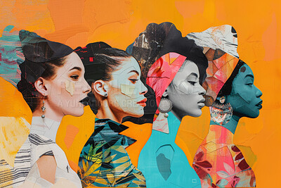 Woman, collage art and creative face made of paper for women's rights, feminism or advertising. Colourful, vibrant pop and creative graphic design poster for background, wallpaper and backdrop mockup