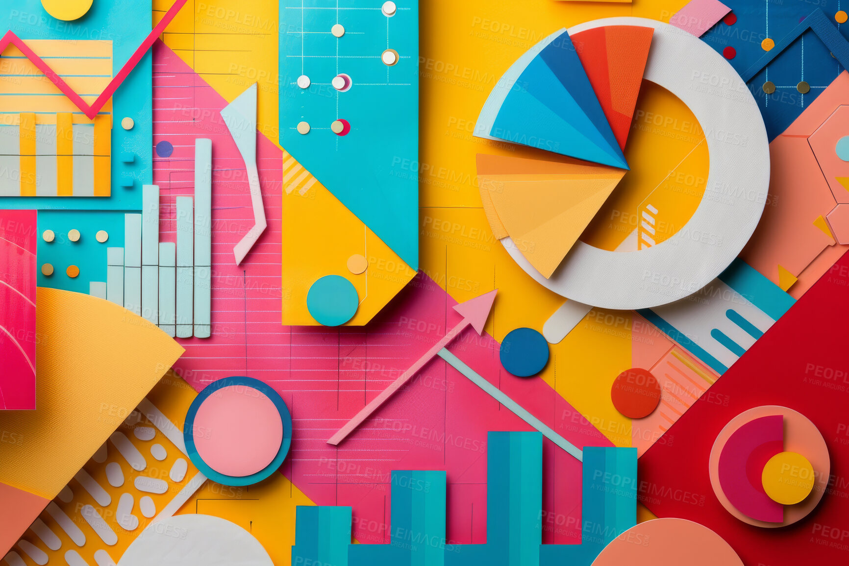 Buy stock photo Graph, seo or marketing strategy graphic wallpaper for banking, investment growth and trading. Colourful, vibrant pop and creative graphic design poster for background, wallpaper and backdrop mockup