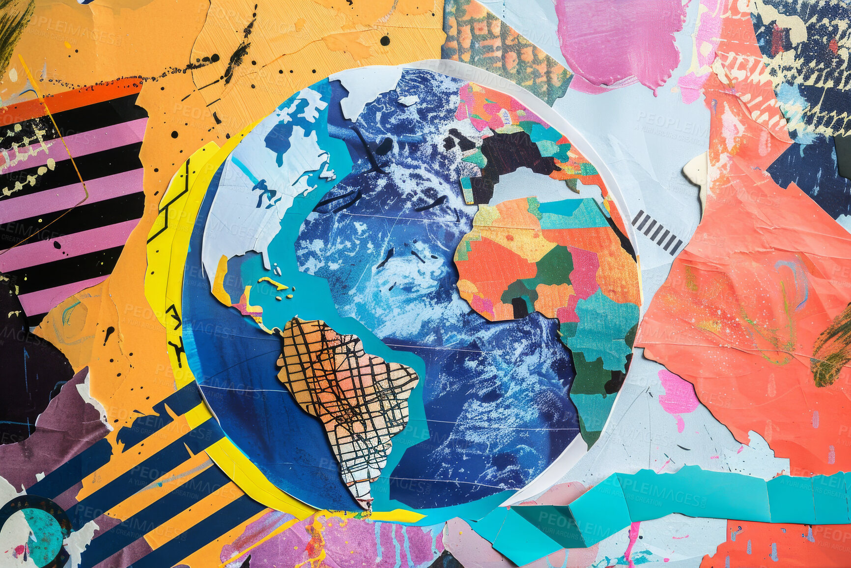 Buy stock photo World, globe and collage art made of paper school project, humanity and eco friendly banner. Colourful, vibrant pop and creative graphic design poster for background, wallpaper and backdrop mockup