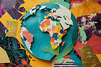 World, globe and collage art made of paper school project, humanity and eco friendly banner. Colourful, vibrant pop and creative graphic design poster for background, wallpaper and backdrop mockup