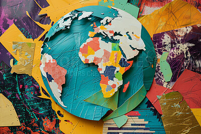 World, globe and collage art made of paper school project, humanity and eco friendly banner. Colourful, vibrant pop and creative graphic design poster for background, wallpaper and backdrop mockup