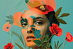 Woman, collage art and creative face made of paper for women's rights, magazine or advertising. Colourful, vibrant pop and creative graphic design poster for background, wallpaper and backdrop mockup