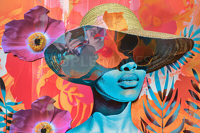 Woman, collage art and creative face made of paper for women\'s rights, magazine or advertising. Colourful, vibrant pop and creative graphic design poster for background, wallpaper and backdrop mockup