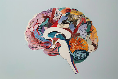Brain, collage art and creative artwork made of paper neurodivergent, neuroscience and ADHD or autism. Colourful, vibrant pop and creative graphic design poster for background, wallpaper and backdrop