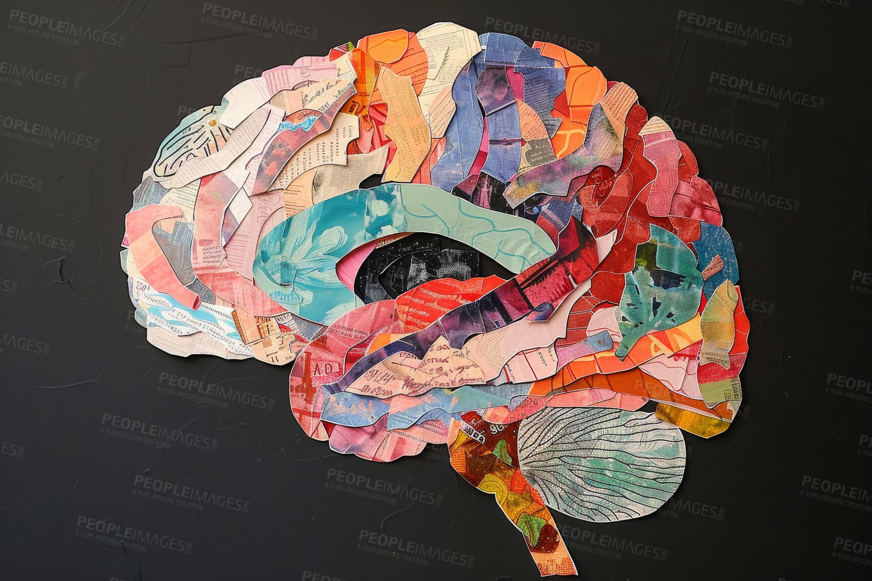 Buy stock photo Brain, collage art and creative artwork made of paper neurodivergent, neuroscience and ADHD or autism. Colourful, vibrant pop and creative graphic design poster for background, wallpaper and backdrop