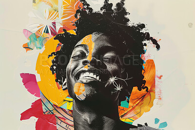 Man, collage art and creative male face made of paper for positivity, magazine or advertising. Colourful, vibrant pop and creative graphic design poster for background, wallpaper and backdrop mockup