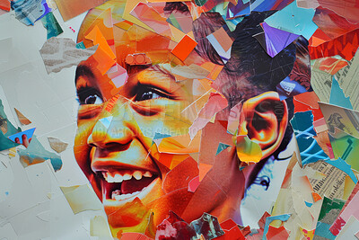 Toddler, collage art and creative child face made of paper for positivity, magazine or advertising. Colourful, vibrant pop and creative graphic design poster for background, wallpaper and backdrop