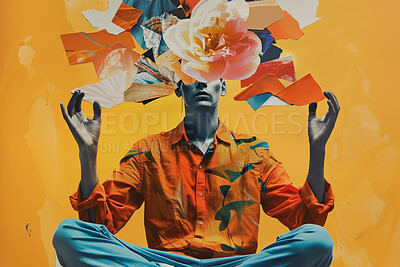 Man, collage and creative art made of paper for mental health, meditation practice and peaceful. Colourful, vibrant pop and creative graphic design poster for background, wallpaper or backdrop mockup
