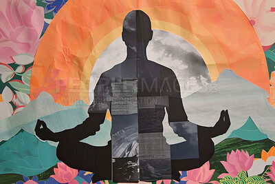Person, collage and creative art made of paper for mental health, meditation and peaceful. Colourful, vibrant pop and creative graphic design poster for background, wallpaper and backdrop mockup