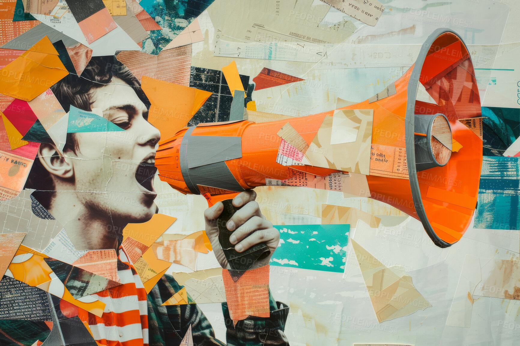 Buy stock photo Megaphone, collage art and protest banner artwork for humanity, human rights and news media. Colourful, vibrant pop and creative graphic design poster for background, wallpaper and backdrop mockup