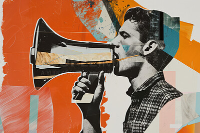 Megaphone, collage art and protest banner artwork for humanity, human rights and news media. Colourful, vibrant pop and creative graphic design poster for background, wallpaper and backdrop mockup