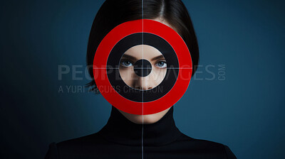 Buy stock photo Bullseye, beauty and portrait of woman on blue background for wellness, cosmetics and skincare mockup. Dermatology, creative aesthetic and face of person with circle, spiral and target in studio