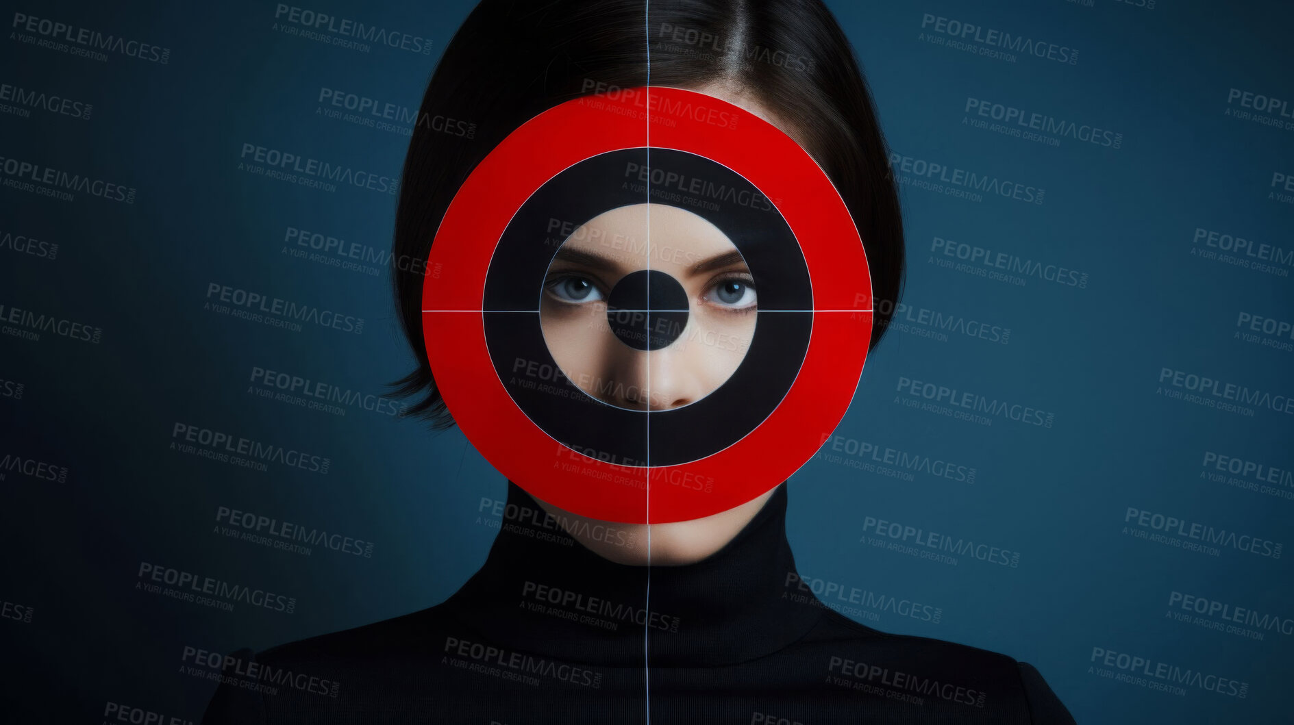 Buy stock photo Bullseye, beauty and portrait of woman on blue background for wellness, cosmetics and skincare mockup. Dermatology, creative aesthetic and face of person with circle, spiral and target in studio